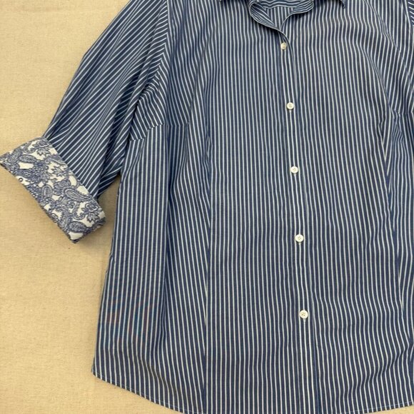Talbots Blue & White Pin Striped Button Blouse Shirt Floral Flip Cuff 24W - Picture 5 of 14